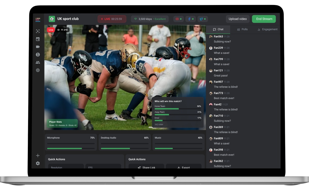 Laptop screen with match broadcast
