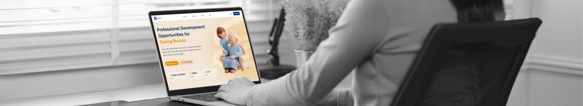 A woman at a laptop with the web platform for nursing and public service education
